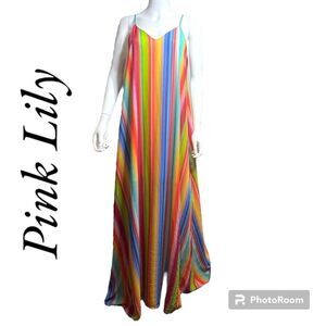 Pink Lily Sunset Getaway Striped Rainbow Lined Maxi Dress Women's Size S